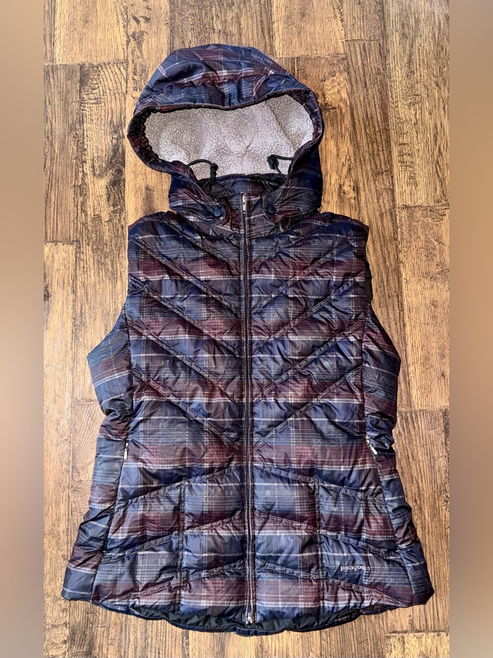 Patagonia Women’s Down With It Hooded Quilted Vest — Navy & Burgundy Plaid